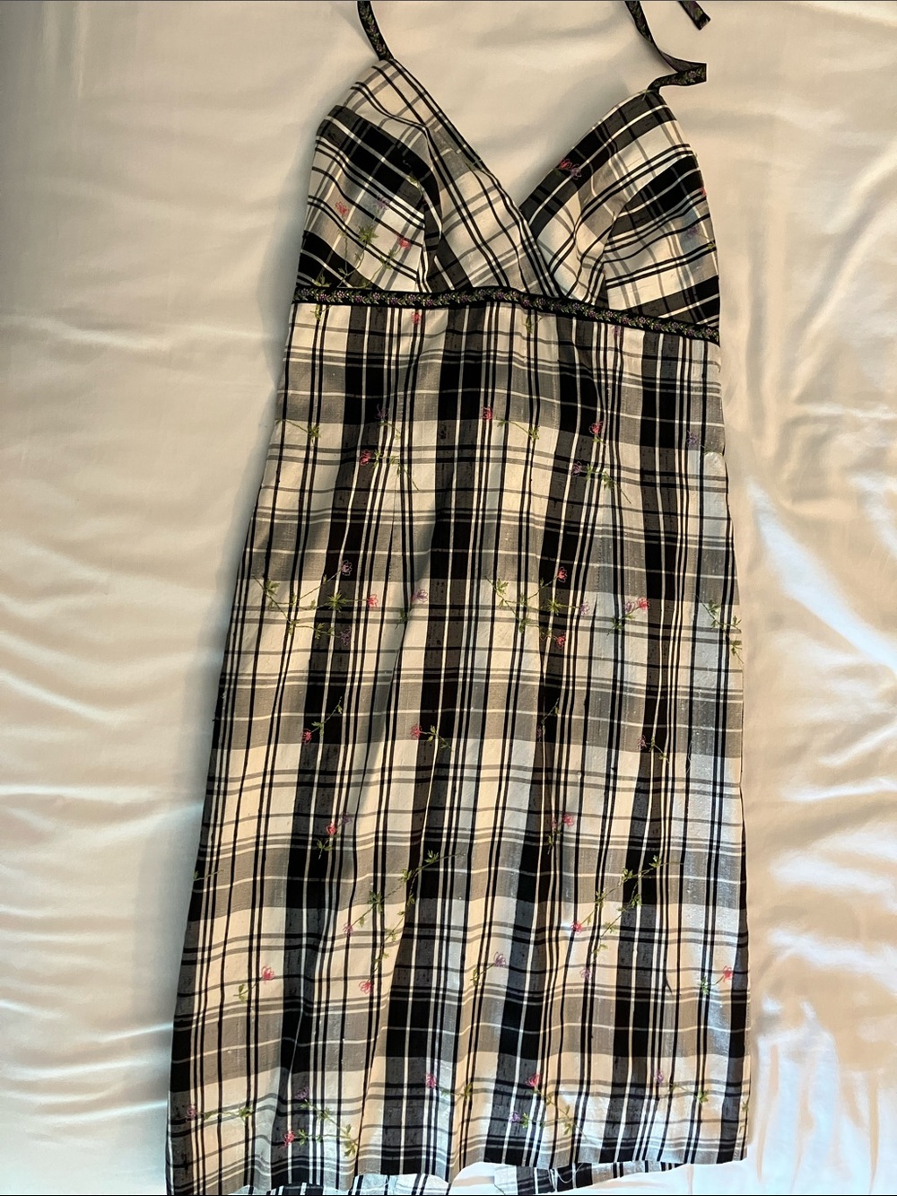 Strapless Black and White Plaid Slip Dress with Floral Stitching